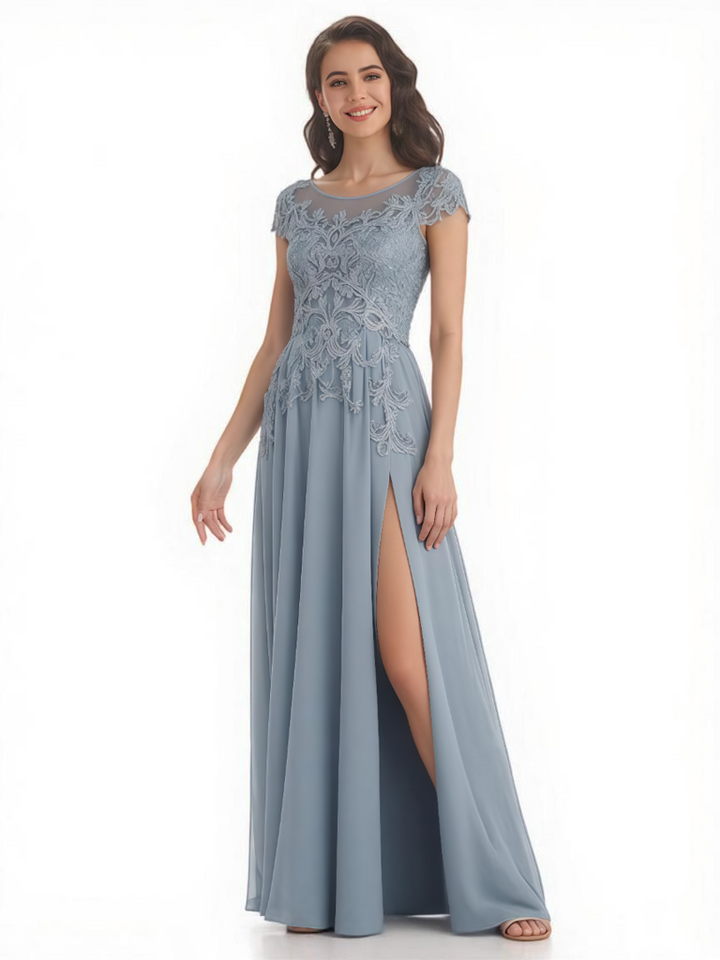 Elegant A-Line Jewel Short Sleeves Side Slit Lace Chiffon Mother of The Bride Dresses