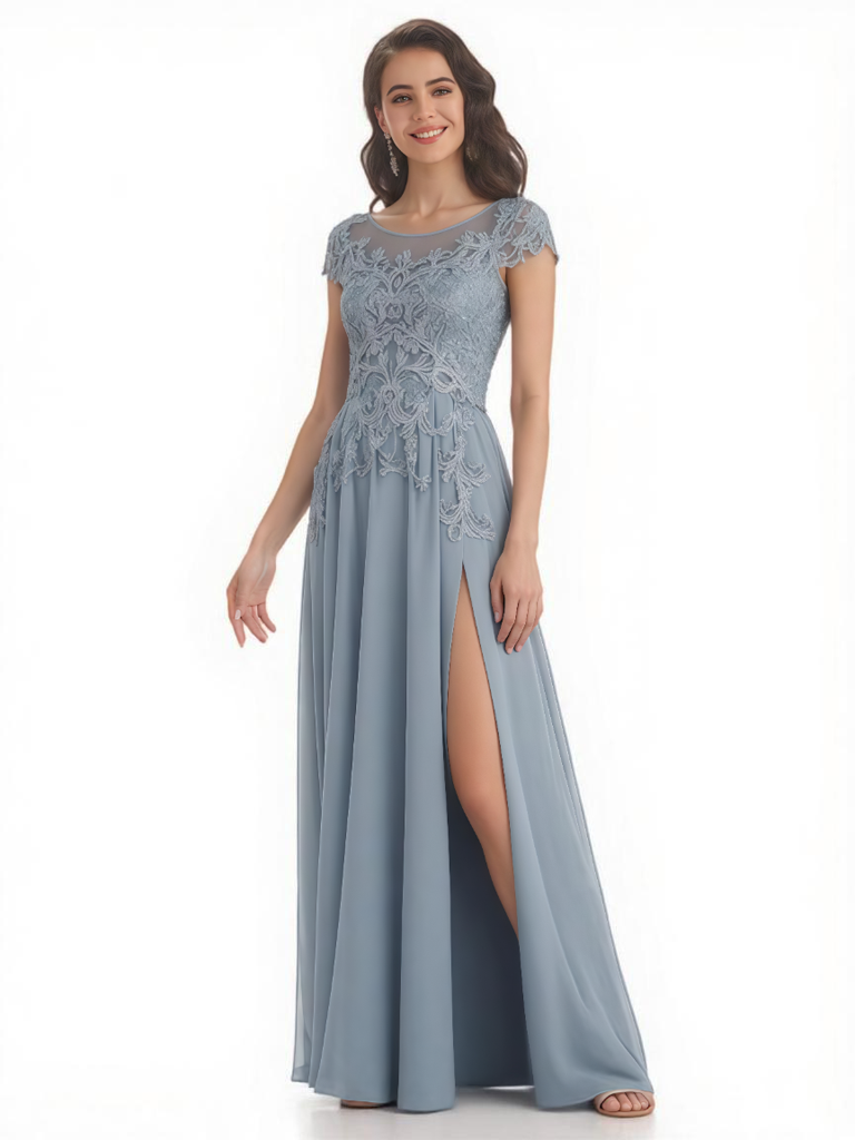 Elegant A-Line Jewel Short Sleeves Side Slit Lace Chiffon Mother of The Bride Dresses