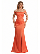 Sexy Off The Shoulder Side Slit Silky Satin Mermaid Long Evening Gown Dresses For Women