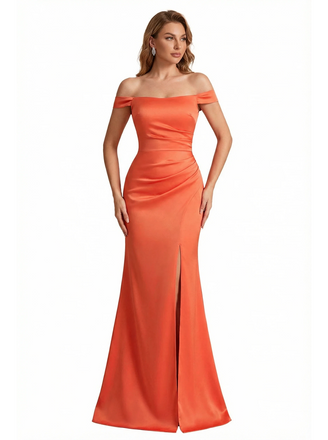 Sexy Off The Shoulder Side Slit Silky Satin Mermaid Long Evening Gown Dresses For Women