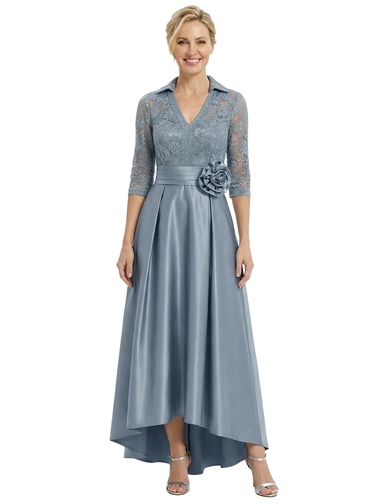 Chicsew Mother of The Bride Dresses V-Neck Half Sleeve Lace Satin High-Low Gown Unique Flower Detailed Formal Wedding Event Attire