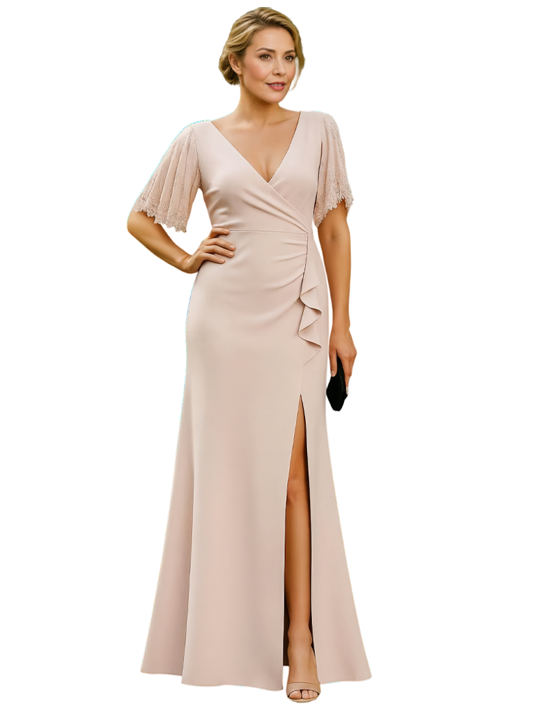 Elegant Short Sleeves Ruffle Chiffon Mermaid Side Slit Long Mother of The Bride Dresses