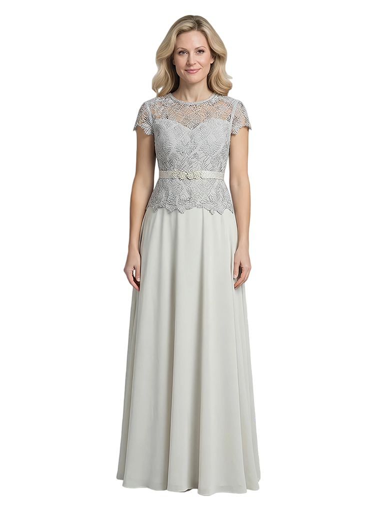 Elegant Scoop Cap Sleeves Lace Chiffon A-Line Mother of The Bride Dresses