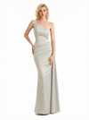 Ladies Sexy One Shoulder Silky Satin Ruched Mermaid Long Formal Evening Dresses
