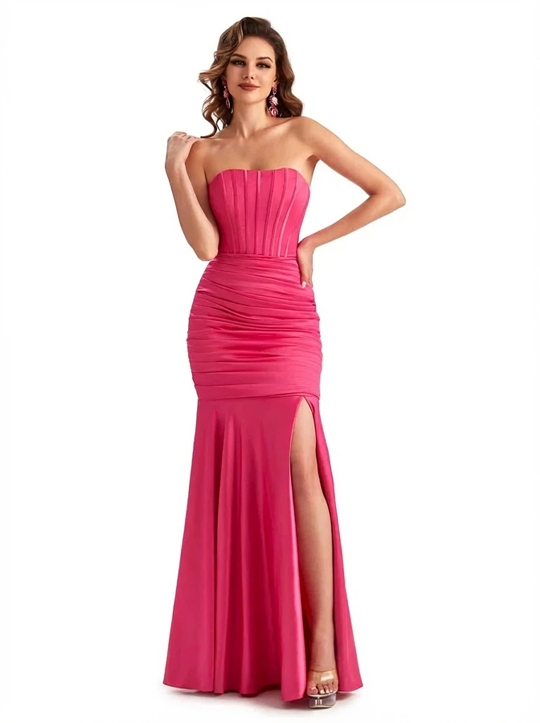 Trendy Strapless Boning Side Slit Mermaid Silky Satin Long Party Formal Dresses