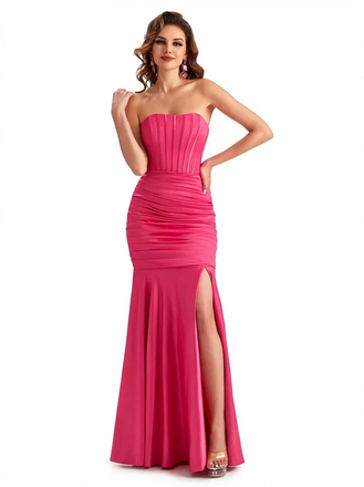 Trendy Strapless Boning Side Slit Mermaid Silky Satin Long Party Formal Dresses