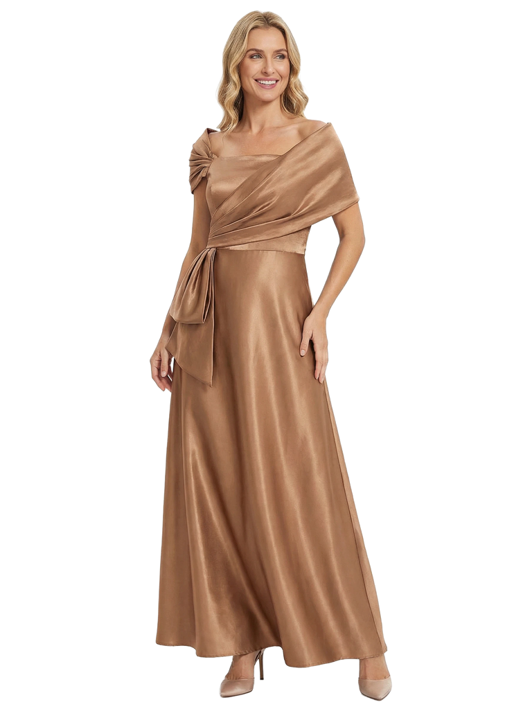 Chicsew Mother of The Bride Dresses Cape Sleeve Satin Maxi Gown Classy Bow Detailed Formal Wedding Event Dress