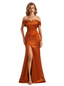 Sexy Off The Shoulder V-Neck Mermaid Silky Satin Long Formal Dresses Side Slit