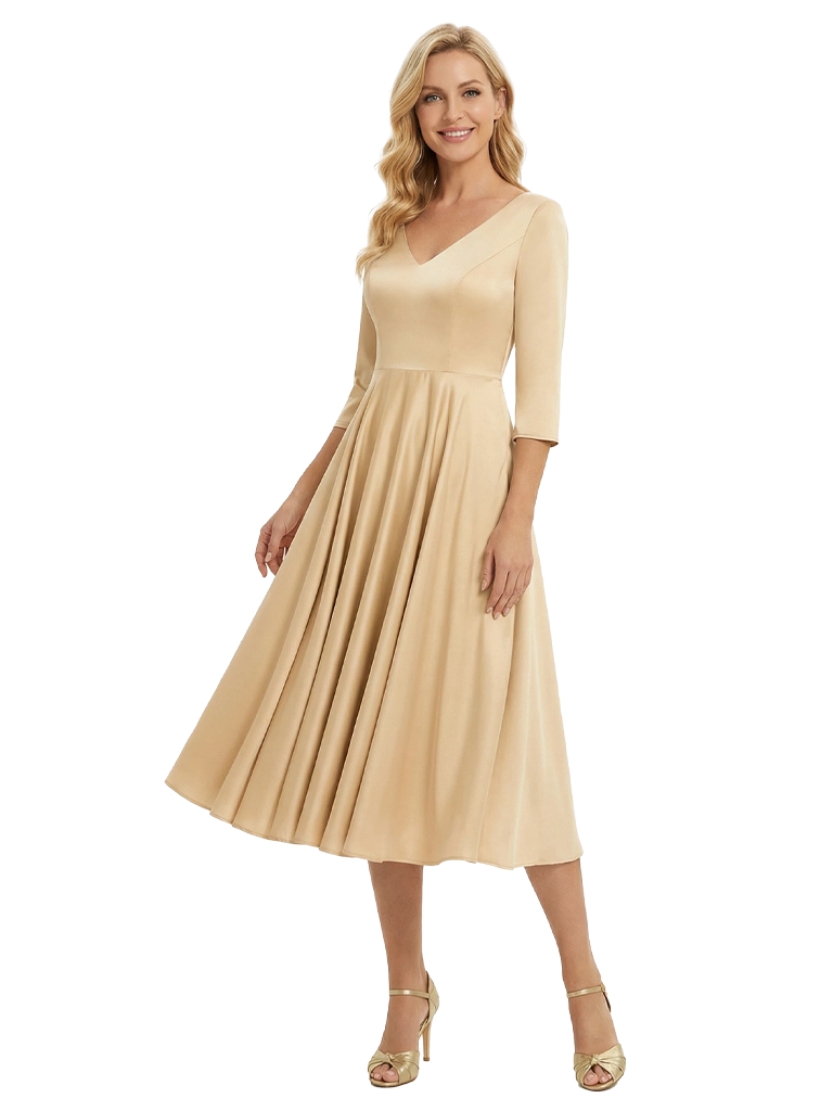 Elegant V-Neck Long Sleeves A-Line Satin Tea-Length Mother of the Bride Dresses