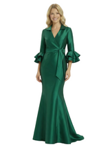 Chicsew Mother of The Groom Dresses V-Neck Bell Sleeve Satin Mermaid Maxi Gown Fancy Ruffled Formal Bridal Party Dress