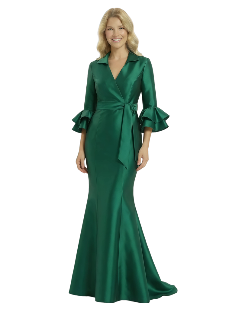 Chicsew Mother of The Groom Dresses V-Neck Bell Sleeve Satin Mermaid Maxi Gown Fancy Ruffled Formal Bridal Party Dress
