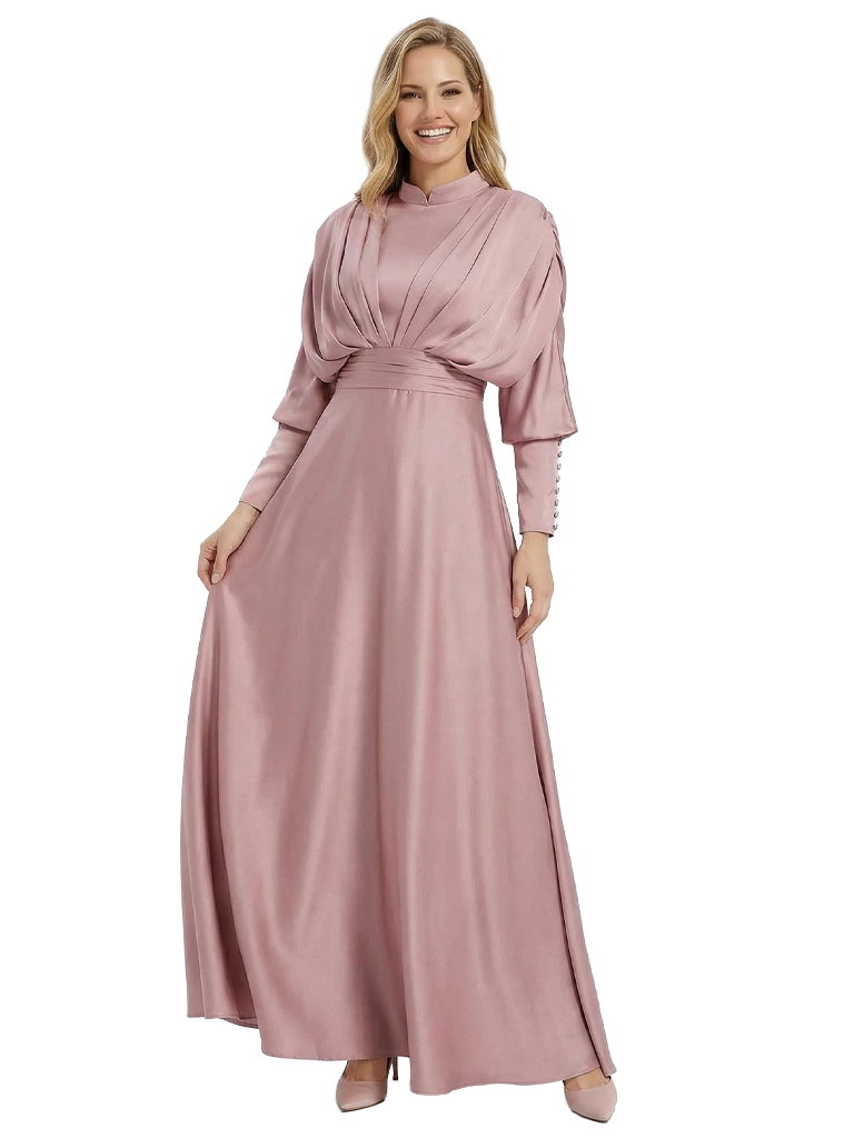 Stand Collar Satin Mother Of The Groom Dress Puff Sleeve Maxi Gown With Ruched Bodice Button Cuffs Waist Sash Luxe Elegant Formal Dresses