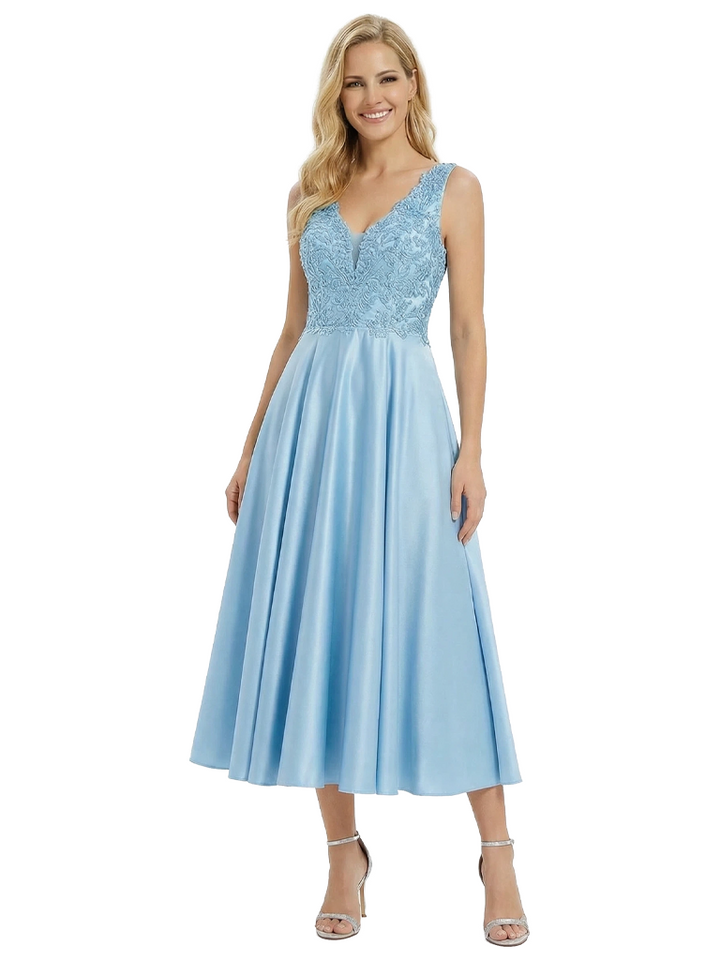 Fancy Sleeveless V-Neck A-line Lace Satin Tea-Length Mother of The Bride Dress