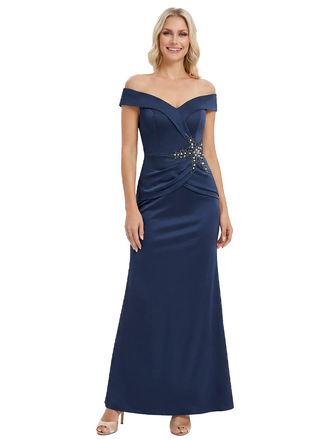 Trendy  Off Shoulder V-Neck Satin Floor Length Mother of the Bride Dresses