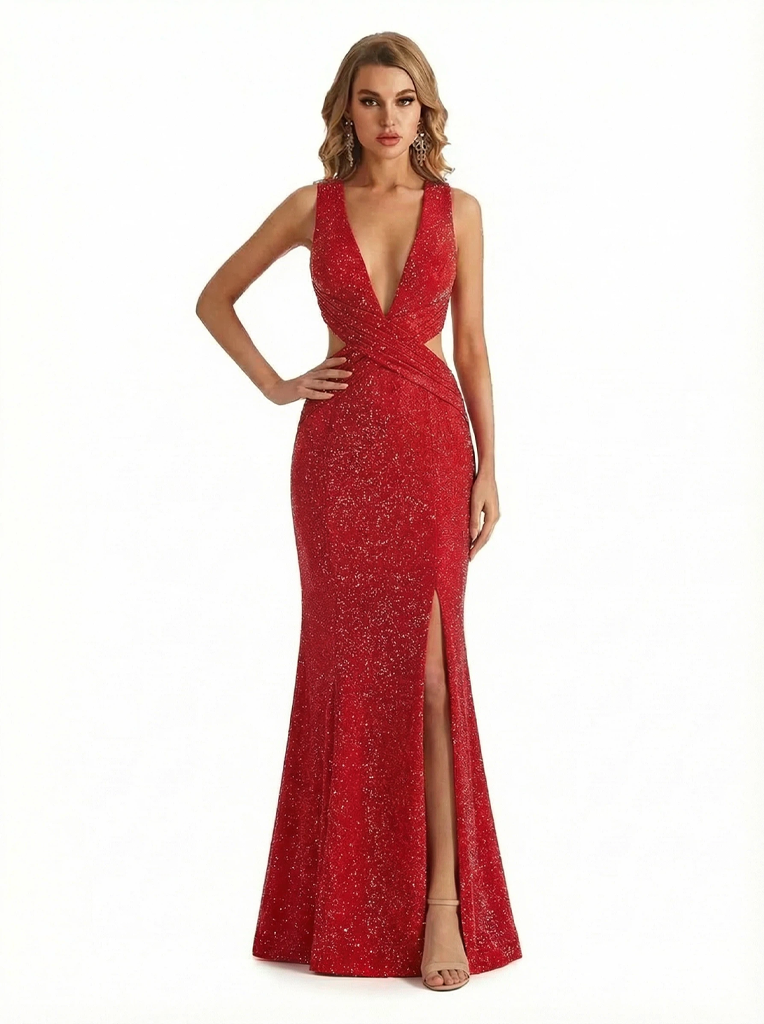 ChicSew Sparkly Nice Wedding Guest Dresses Shiny Spaghetti Straps Mermaid Glitter Jersey Side Split Maxi Formal Dresses For Women, Red ChicSew Sparkly Nice Wedding Guest Dresses Shiny Spaghetti Straps Mermaid Glitter Jersey Side Split Maxi Formal Dresses For Women, Red