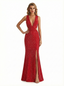 Shiny Spaghetti Straps Mermaid Glitter Jersey Side Slit Maxi Formal Dresses For Women