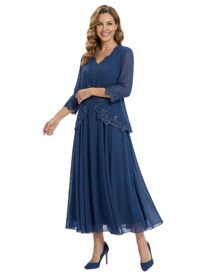 Elegant V-Neck Beading Chiffon Mother of The Groom Dress 3/4 Sleeves Two Piece Midi Gown