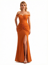 Trendy Off The Shoulder Ruched Jersey Side Slit Mermaid Floor Length Evening Formal Dresses