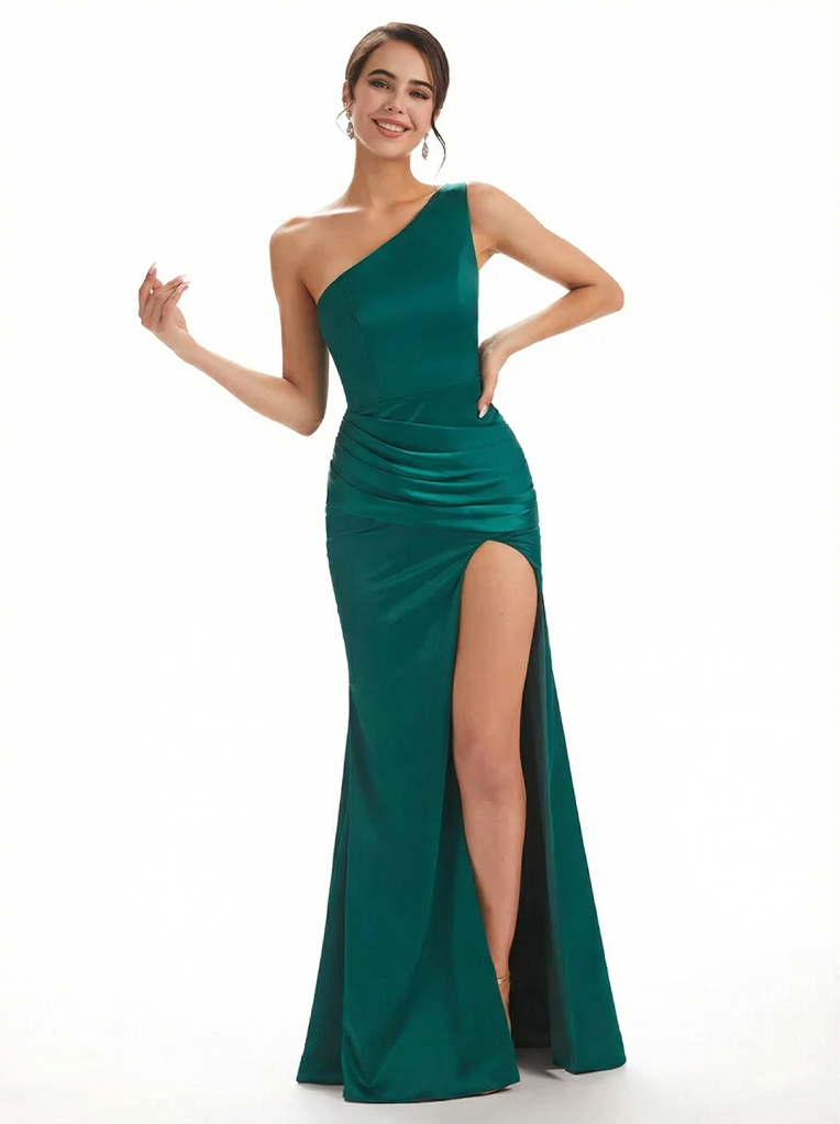 Elegant One Shoulder Ruched Silky Satin Mermaid Long Evening Gown Dresses For Women Side Slit