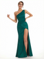 Elegant One Shoulder Ruched Silky Satin Mermaid Long Evening Gown Dresses For Women Side Slit