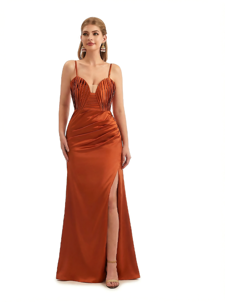 Elegant Mermaid Ruched Satin Long Formal Dresses For Women Spaghetti Straps Side Slit