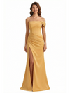 Sexy One Shoulder Ruched Side Slit Mermaid Silky Satin Long Formal Evening Dresses