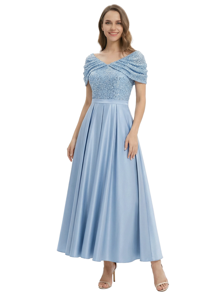 Elegant Cap Sleeve A-Line Sequin Satin Short Mother of the Groom Evening Dress