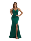 Sexy Halter V-Neck Side Slit Silky Satin Mermaid Long Evening Gown Dresses For Women