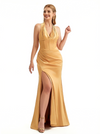 Women's Halter Ruched Satin Mermaid Long Evening Gown Dresses For Women Side Slit