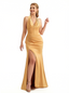 Women's Halter Ruched Satin Mermaid Long Evening Gown Dresses For Women Side Slit