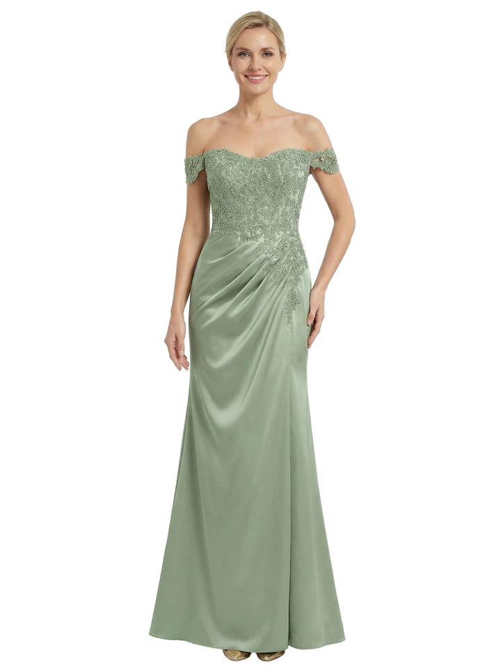Chicsew Mother of The Groom Dresses Off The Shoulder Lace Satin Mermaid Maxi Gown Fancy Ruched Formal Bridal Party Dress