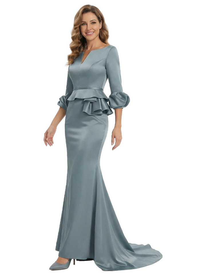 Elegant V-Neck Satin Mother of The Bride Dress With Sleeve Mermaid Maxi Gown With Train