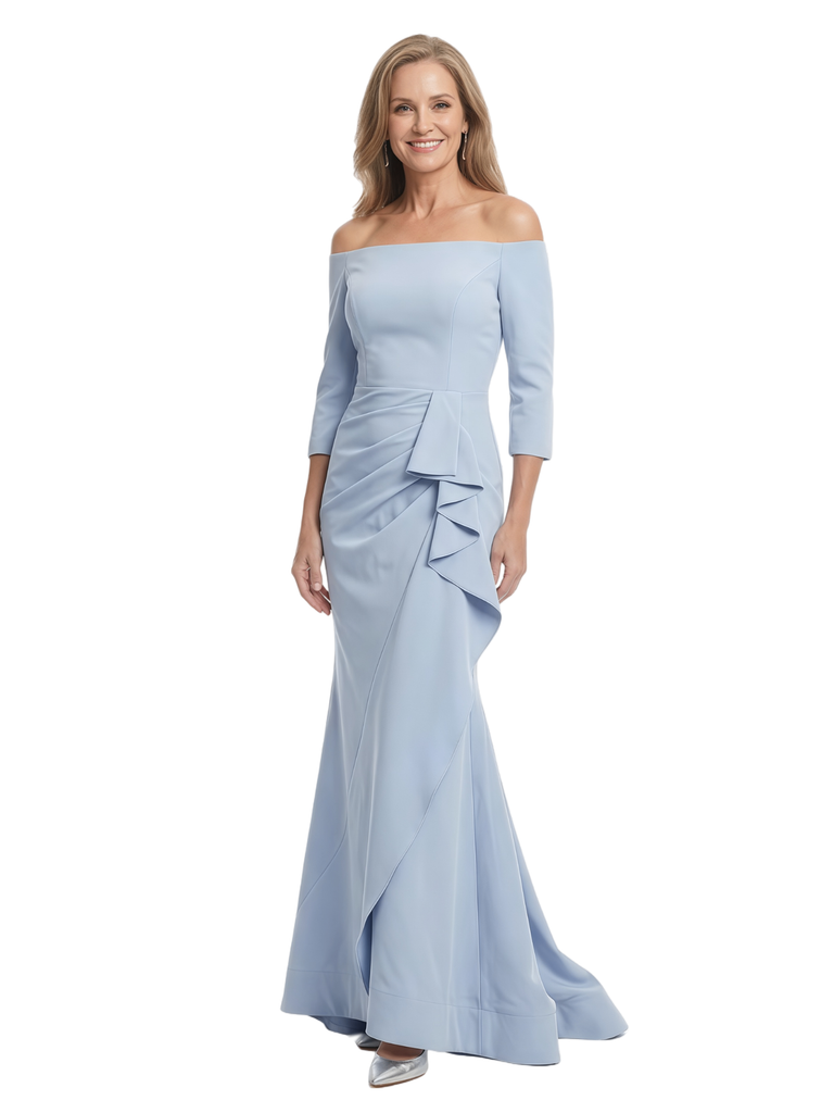Chicsew Off Shoulder 3/4 Sleeve Ruffled Mermaid Floor Length Stretch Crepe Fancy Mother of the Bride Dresses