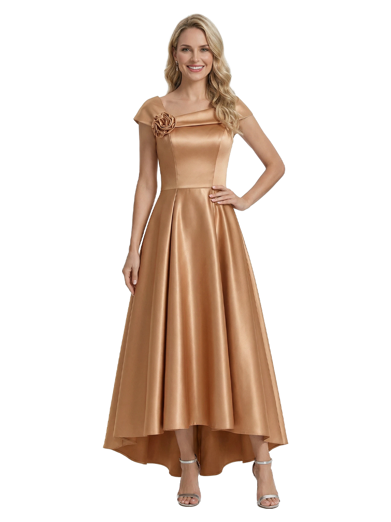 Fancy Asymmetrical Cap Sleeves Satin High Low A-Line Mother of The Bride Dress