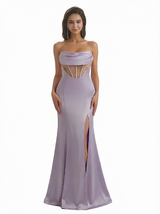 Sexy Sweetheart Bonings Silky Satin Mermaid Maxi Formal Evening Gowns Side Slit