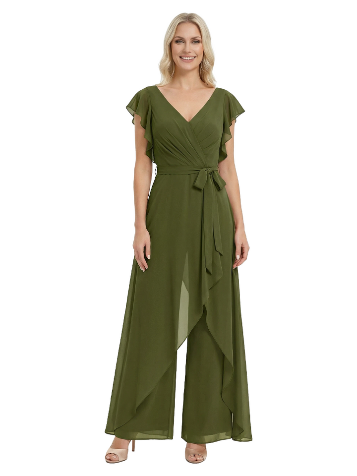 Modern Mother Of The Bride Pantsuit V-Neck Flutter Sleeves Chiffon Overlay Jumpsuit