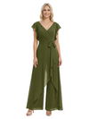 Modern Mother Of The Bride Pantsuit V-Neck Flutter Sleeves Chiffon Overlay Jumpsuit