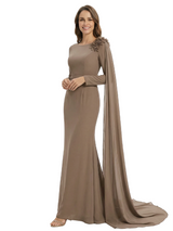 Chiffon Mother Of The Groom Dress Long Sleeves Mermaid Maxi Gown With Shoulder Flower Cape Formal Wedding Wear