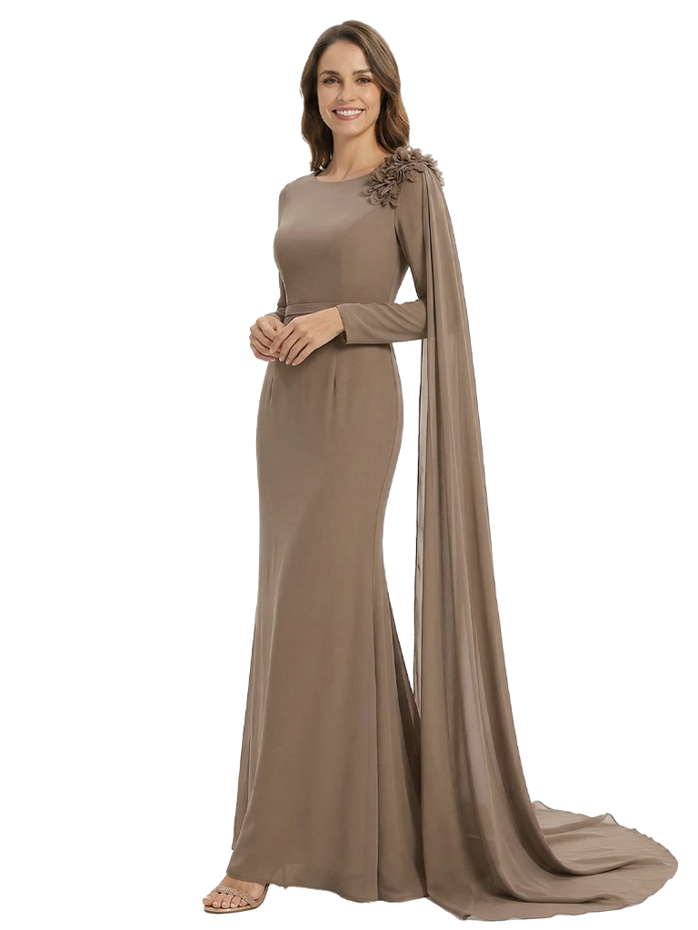 Chiffon Mother Of The Groom Dress Long Sleeves Mermaid Maxi Gown With Shoulder Flower Cape Formal Wedding Wear