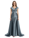 Morden V-Neck Cap Sleeves Mermaid Satin Floor-Length Mother of the Bride Dresses Overskirt