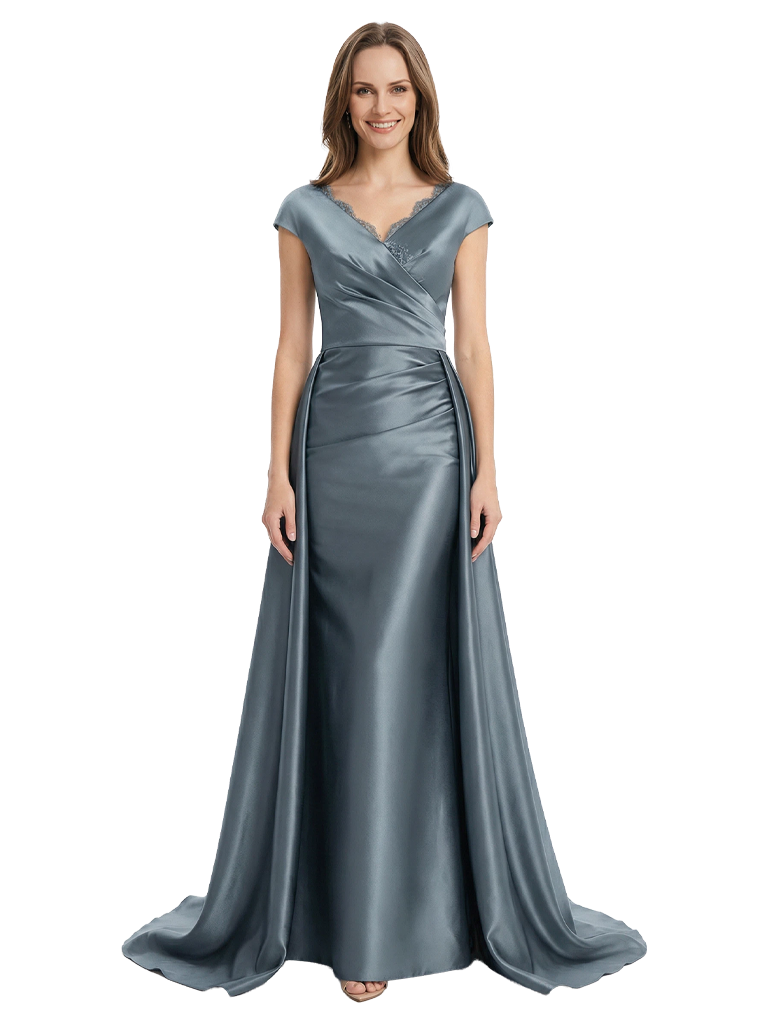 Morden V-Neck Cap Sleeves Mermaid Satin Floor-Length Mother of the Bride Dresses Overskirt