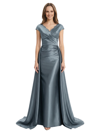 Morden V-Neck Cap Sleeves Mermaid Satin Floor-Length Mother of the Bride Dresses Overskirt