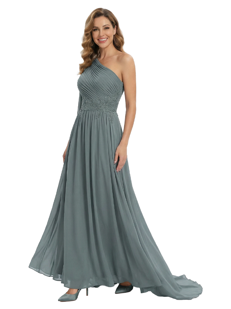 Fancy One Shoulder Lace Appliques Mother Of The Bride Dress Ruched Floor Length Chiffon Formal Gown