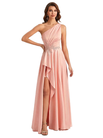 Sexy One Shoulder Ruffle Side Slit A-Line Ruched Satin Long Formal Dresses For Women