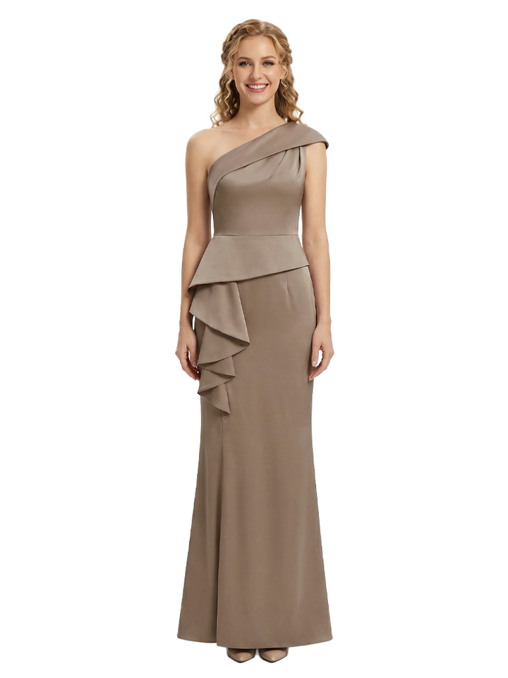 Morden Asymmetric Satin Mother of The Bride Dress Sleeveless Ruffles Mermiad Maxi Gown
