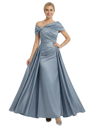 Chicsew Mother of The Bride Dresses Asymmetrical Satin Maxi Gown Unique Ruched Formal Wedding Event Dress