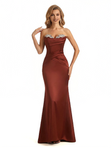 Sexy Sweetheart Lace Mermaid Silky Satin Long Formal Dresses Side Slit