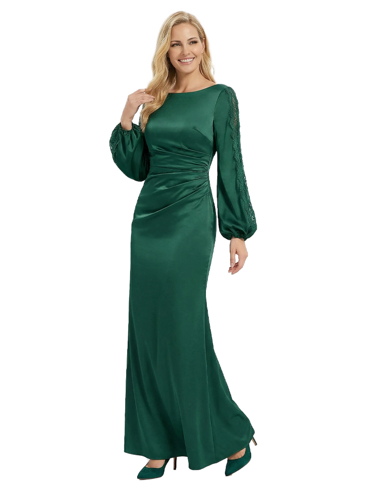 Elegant long Sleeves Jewel Floor-Length Pleat Satin Mother of the Groom Evening Dress