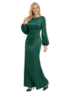 Elegant long Sleeves Jewel Floor-Length Pleat Satin Mother of the Groom Evening Dress