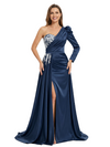 One Shoulder Side Slit Lace Satin Mother of The Groom Dress Long Sleeve Maxi Gown